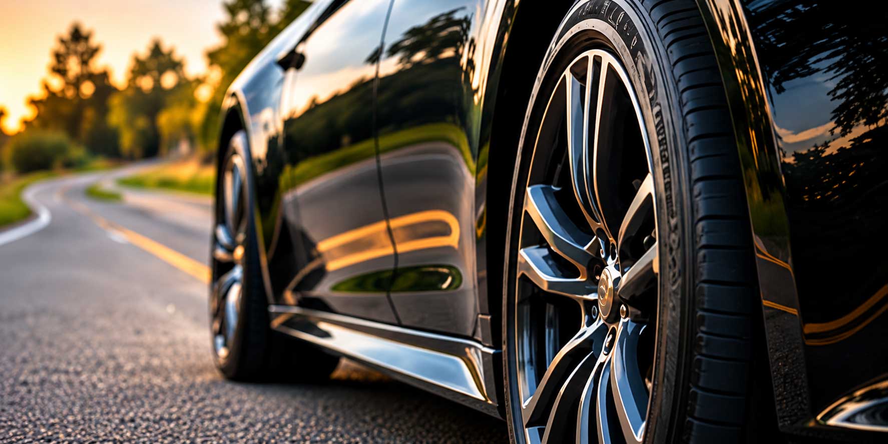 Car fitted with new tires on the road